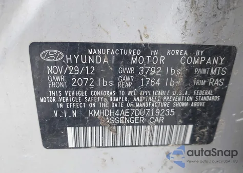 2013 Hyundai Elantra Gls/Limited z USA, uszkodzony, nr VIN KMHDH4AE7DU719235